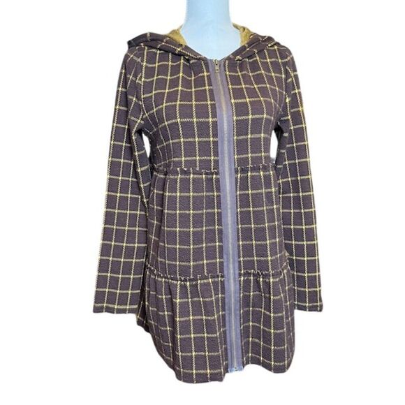 Oddy Plaid Ruffle Zip Up Jacket Chestnut Brown / Gold Windowpane Size Small - Picture 4 of 15